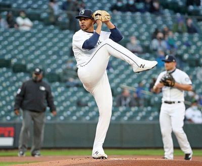 Seattle Mariners starting pitcher Justus Sheffield delivers from the mound against the Chicago White Sox on April 5 at T-Mobile Park in Seattle.  (Ken Lambert / The Seattle Times)
