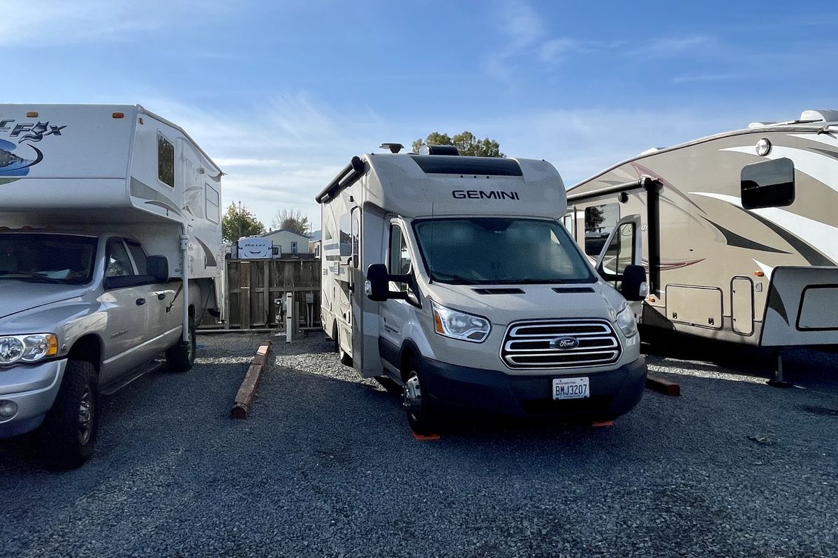 The sites at Marin RV Park are tight, but the park’s location is convenient to a passenger ferry that travels to San Francisco. (Leslie Kelly)