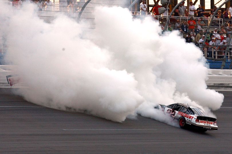 Brad Keselowski does a burnout to celebrate his Aaron's 312 win at Talladega Superspeedway. (Photo courtesy of Jason Smith/Getty Images) (Jason Smith / Getty Images North America)