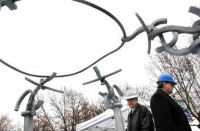 Dignitaries and officials took turns commenting during the Rotary Fountain groundbreaking on Friday.
(Brian Plonka / The Spokesman-Review)