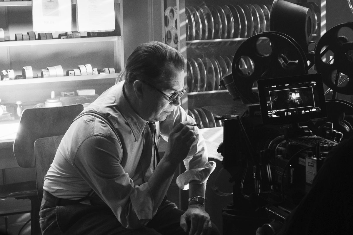 In this image released by Netflix, Gary Oldman portrays Herman Mankiewicz in a scene from "Mank."  (Nikolai Loveikis)