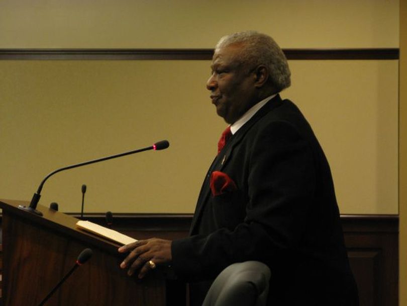 Joe B. McNeal, Idaho Human Rights commissioner, addresses senators at a confirmation hearing for his reappointment to the commission; he's served since July. McNeal said Idaho's image would be in jeopardy if the state were to lose the Human Rights Commission; Gov. Butch Otter this year proposed phasing out its state funding over the next four years. The commission is exploring moving into the state Department of Labor to tap its funds instead. (Betsy Russell)