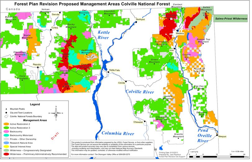 Forest plan revision, proposed management areas, Colville National Forest.  Red indicates recommended wilderness areas. (U.S. Forest Service)