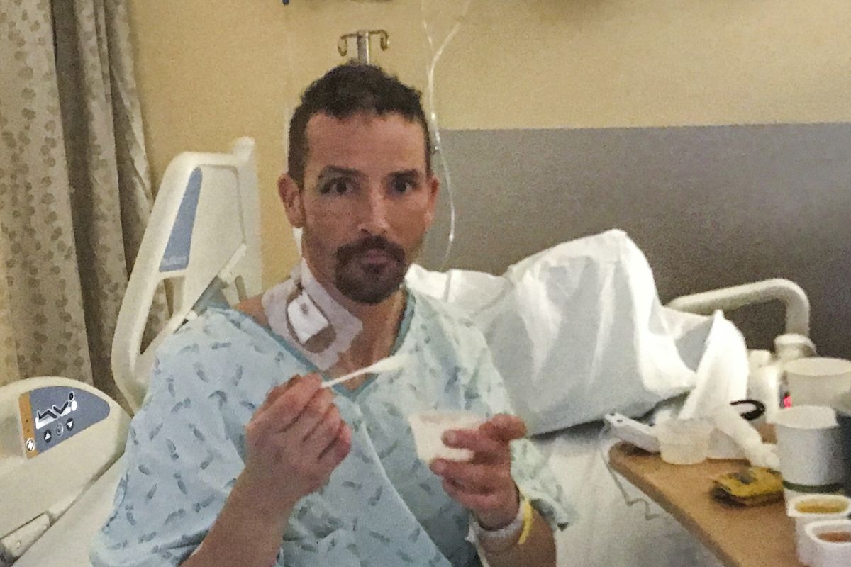 Rescued hiker Michael Knapinski, 45, of Woodinville, Wash., recovers Friday at Harborview Medical Center in Seattle. Knapinski was rescued after being lost overnight in a whiteout in Mount Rainier National Park.  (Susan Gregg)