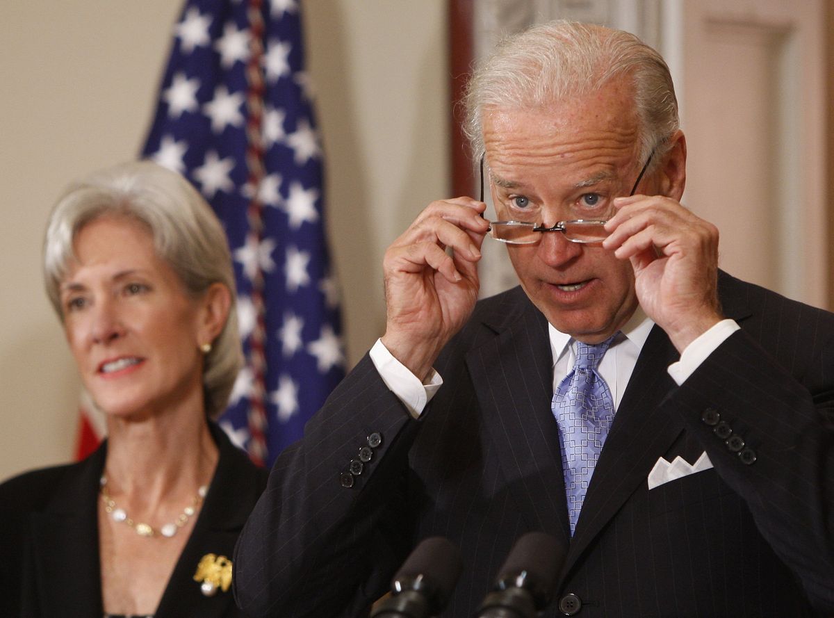 Vice President Joe Biden speaks Wednesday about President Barack Obama’s overhaul of health care while Health and Human Services Secretary Kathleen Sebelius stands beside him. (Associated Press / The Spokesman-Review)