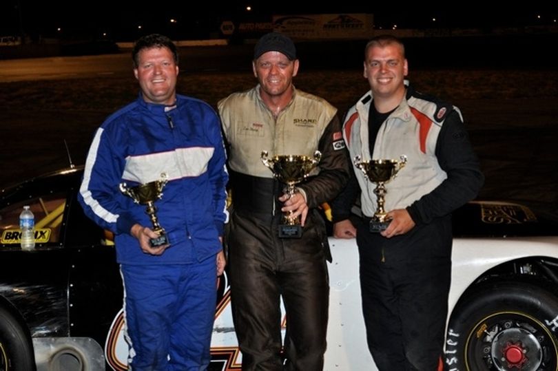 Bruce Quale (l), Zan Sharp (c) and Dan Rhodes (r) grabbed the top-3 finishing positions on the Rocky Mountain Challenge Series Duel for the 200 held at Stateline Speedway. Sharp was the race winner in a dominating performace. (Photo courtesy of DJS Sports Marketing)