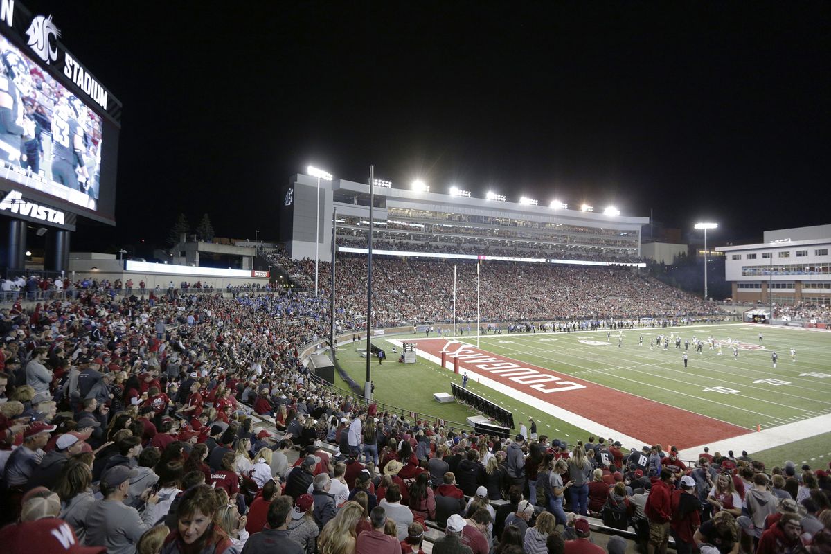 In this Sept. 21, 2019, file photo, fans watch the first half of an NCAA college football game between Washington State and UCLA at Martin Stadium in Pullman, Wash.   (Associated Press)