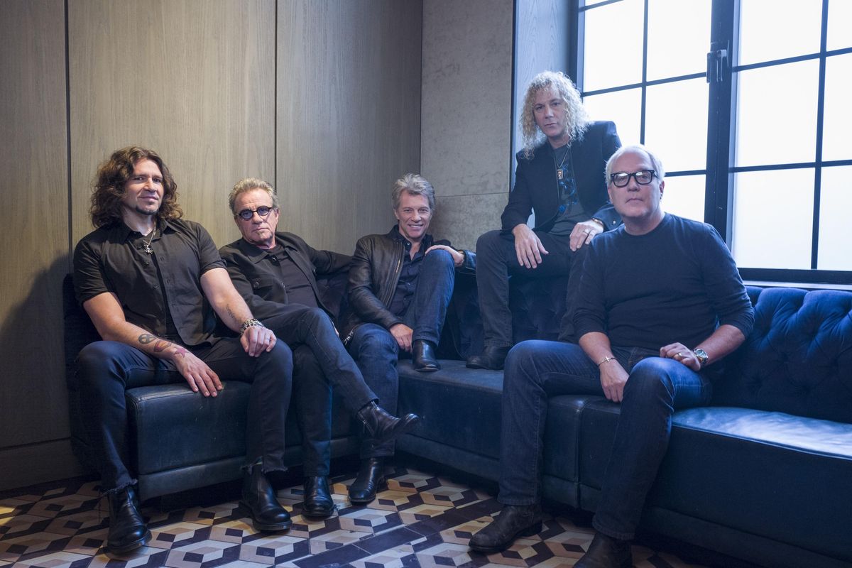 Members of Bon Jovi from left, Phil X, Tico Torres, Jon Bon Jovi, David Bryan and Hugh McDonald pose for a portrait in New York. The band will be inducted into the Rock and Roll Hall of Fame on April 14, 2018 in Cleveland, Ohio. (Drew Gurian / Invision/AP)