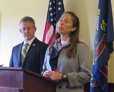 Senate Minority Leader Michelle Stennett, right, and House Minority Leader Mat Erpelding, left, discuss this year's legislative session on Wednesday, March 28, 2018. (The Spokesman-Review / Betsy Z. Russell)