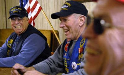 Local submarine veterans, from left, Roland Bispo, Ron Star and Bob Dengel share a laugh March 25 at the Post Falls VFW. Submarine veterans meet once a month at the VFW to swap stories about their time under the ocean.
(Kathy Plonka / The Spokesman-Review)