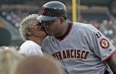 
Barry Bonds accepts a kiss from his grandmother Floydia Howard while in Atlanta.Associated Press
 (Associated Press / The Spokesman-Review)
