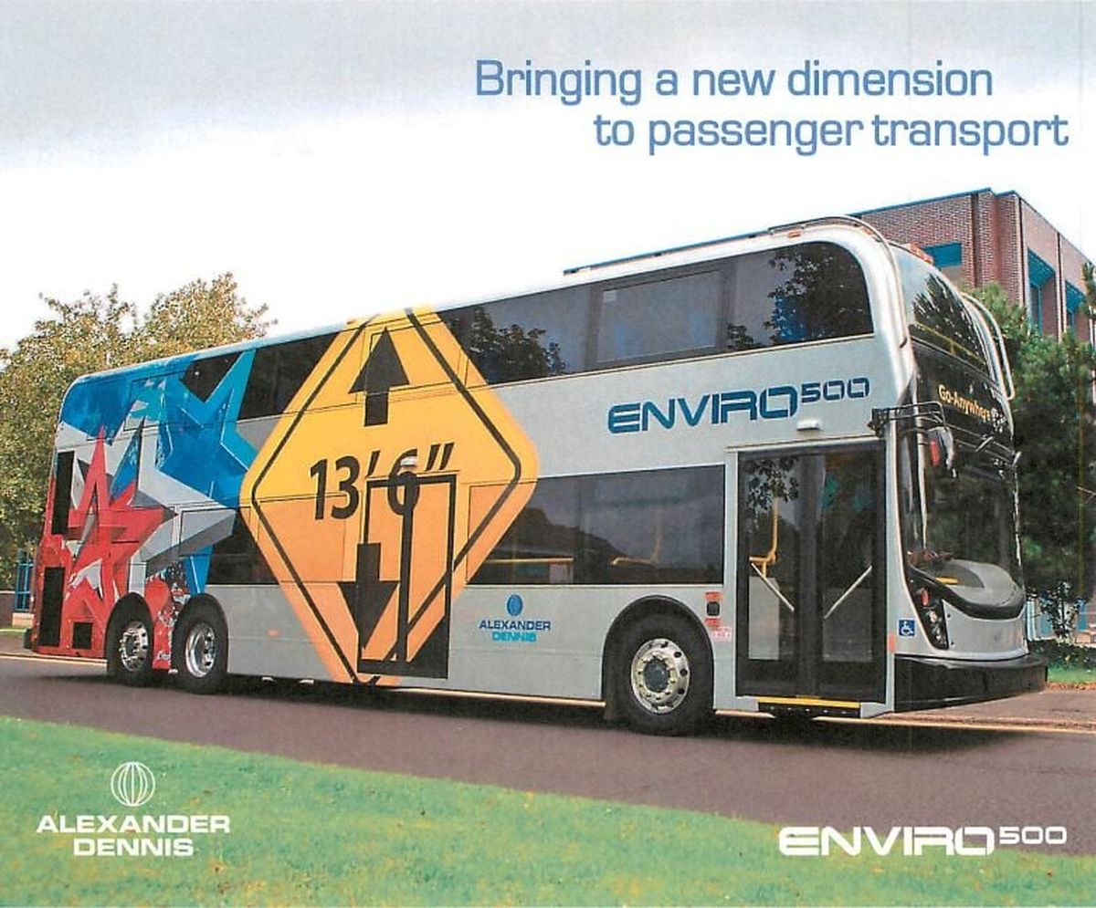 This example of an Alexander Dennis, Inc., Enviro5000 double-decker bus was included for reference in STA’s presentation to board members considering purchasing seven coaches for service to Cheney beginning in 2025.  (Spokane Transit Authority)