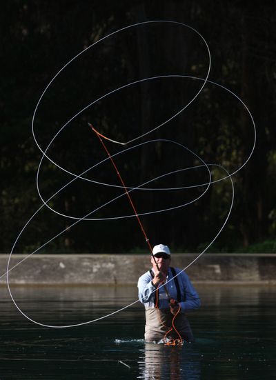 ORG XMIT: CAGN104 Ian Gordon of Scotland makes a spey cast at the Jimmy Green International Spey-O-Rama & Fly Casting Festival, Saturday, April 18, 2009 in San Francisco. Spey casting is a form of fly casting generally done with long rods with two hands, making the caster able to make longer casts and cover more water. The event features competition, demonstrations and clinics and runs from April 17th through April 19th in San Francisco's Golden Gate Park. (AP photo/George Nikitin) (George Nikitin / The Spokesman-Review)