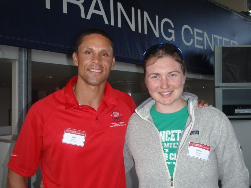 U.S. Rowing Team member Jamie Redman of Spokane took time out to chat at the Olympic Training Center near San Diego in January 2012 with former University of Idaho athlete and Olympic decathlete Dan O'Brien, who won a gold medal in the 1996 Summer Games in Atlanta.