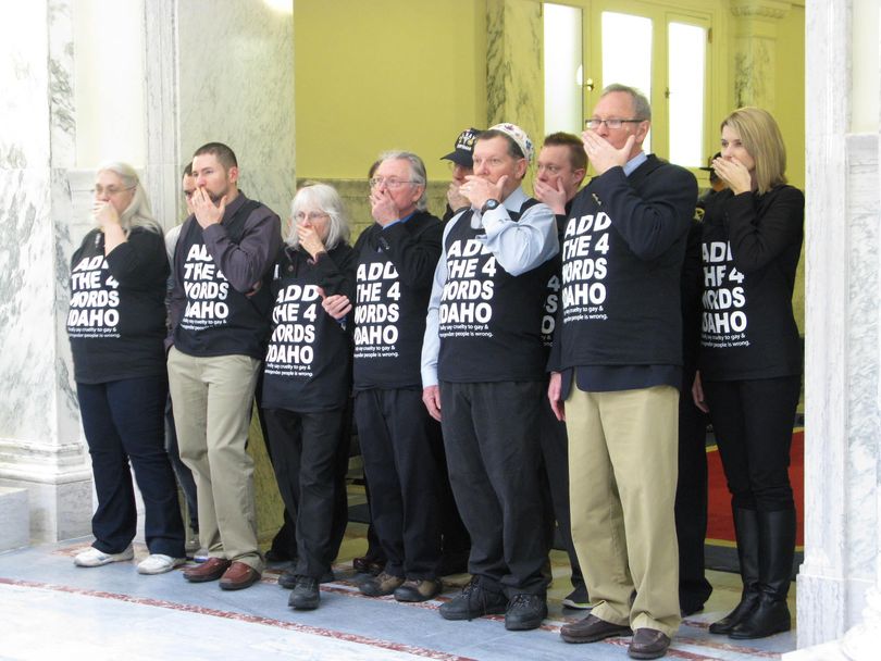 'Add the Words' protesters block the entrance to the 4th floor Senate public gallery on Thursday (Betsy Russell)