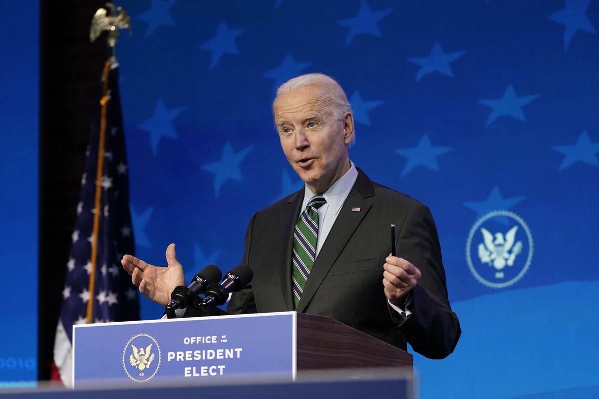 President-elect Joe Biden speaks during an event at The Queen Theater, Saturday, Jan. 16, 2021, in Wilmington, Del.  (Matt Slocum/Associated Press)
