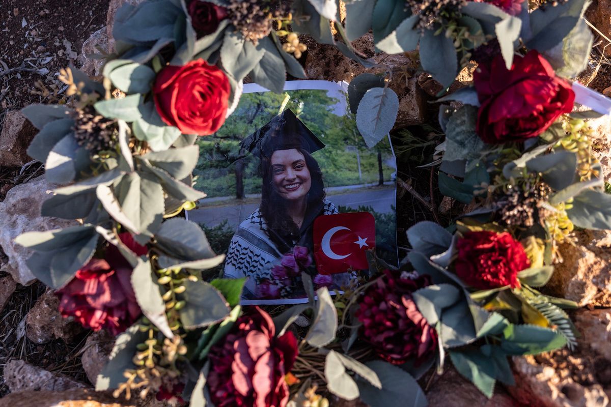 A memorial for Turkish American activist Aysenur Eygi at the site where she was shot dead near Beita. MUST CREDIT: Heidi Levine for The Washington Post  (Heidi Levine)