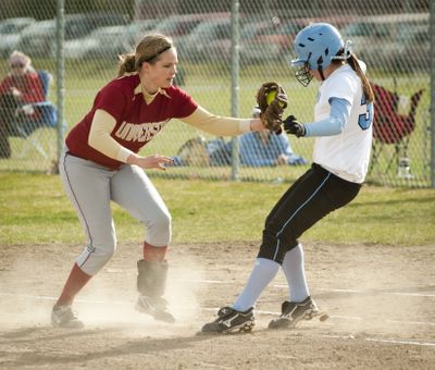 University first baseman Hailey Wesselman tags out Central Valley’s Taylor Wayman. (Colin Mulvany)