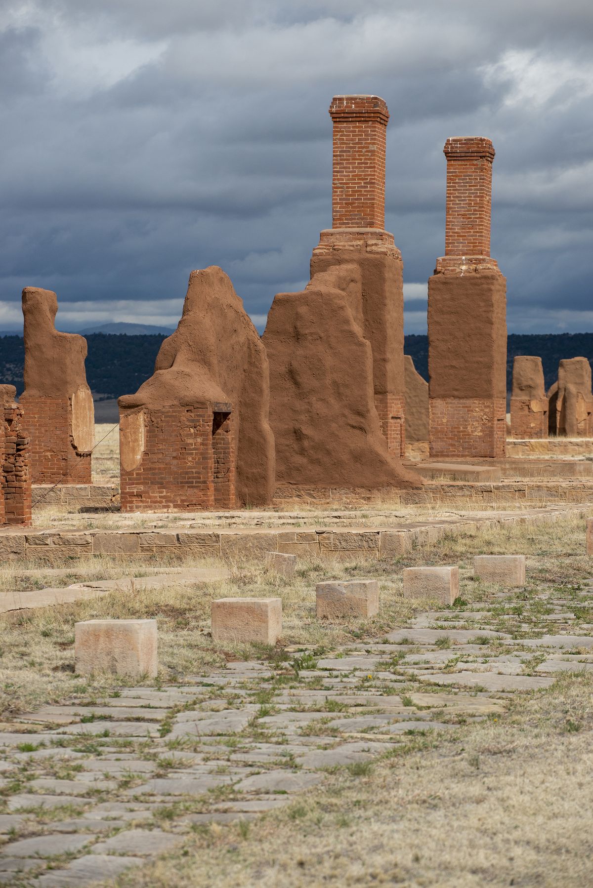 Brick foundations at Fort Union National Monument, the third fort built to protect the Santa Fe Trail, a route from Missouri to Santa Fe. The fort was active from 1863 to 1891.  (Anna Mazurek/For the Washington Post)