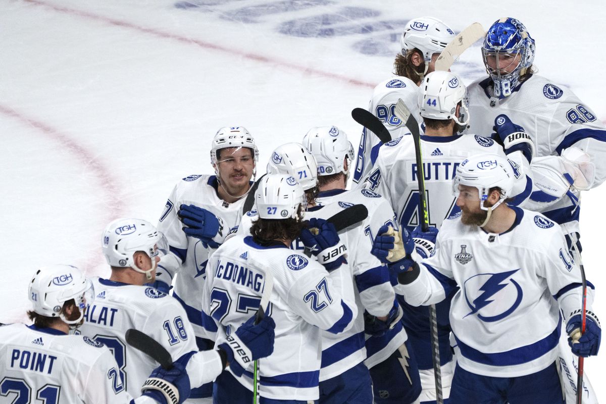 Tampa Bay Lightning goaltender Andrei Vasilevskiy celebrates with teammates following their win against the Montreal Canadiens during Game 3 of the NHL Stanley Cup Final Friday.  (Paul Chiasson)