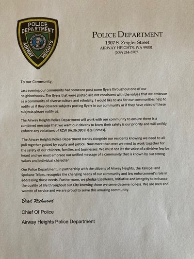 Airway Heights Police Chief Brad Richard said racist flyers were posted Tuesday evening in the city. The department is investigating.  (Courtesy of the Airway Heights Police Department)