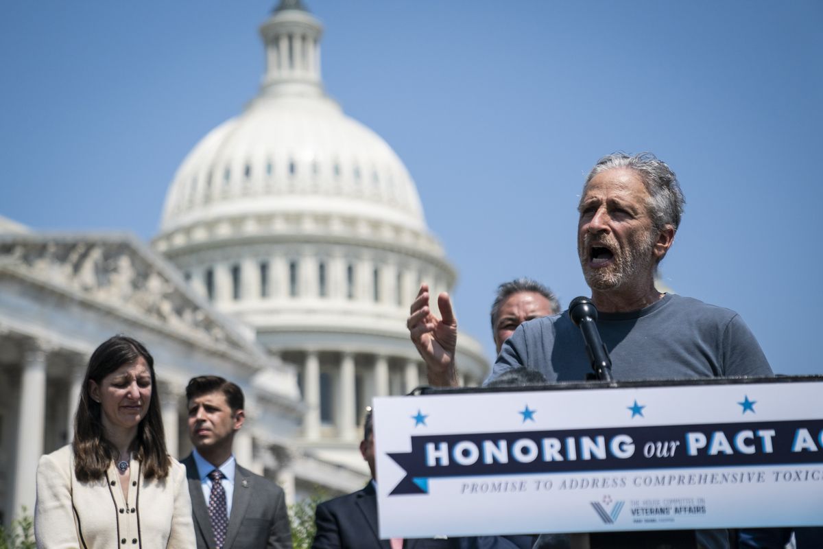 Jon Stewart speaks during a news conference to announce the Honoring our Promise to Address Comprehensive Toxics Act of 2021 on Capitol Hill in May.  (Jabin Botsford/Washington Post)