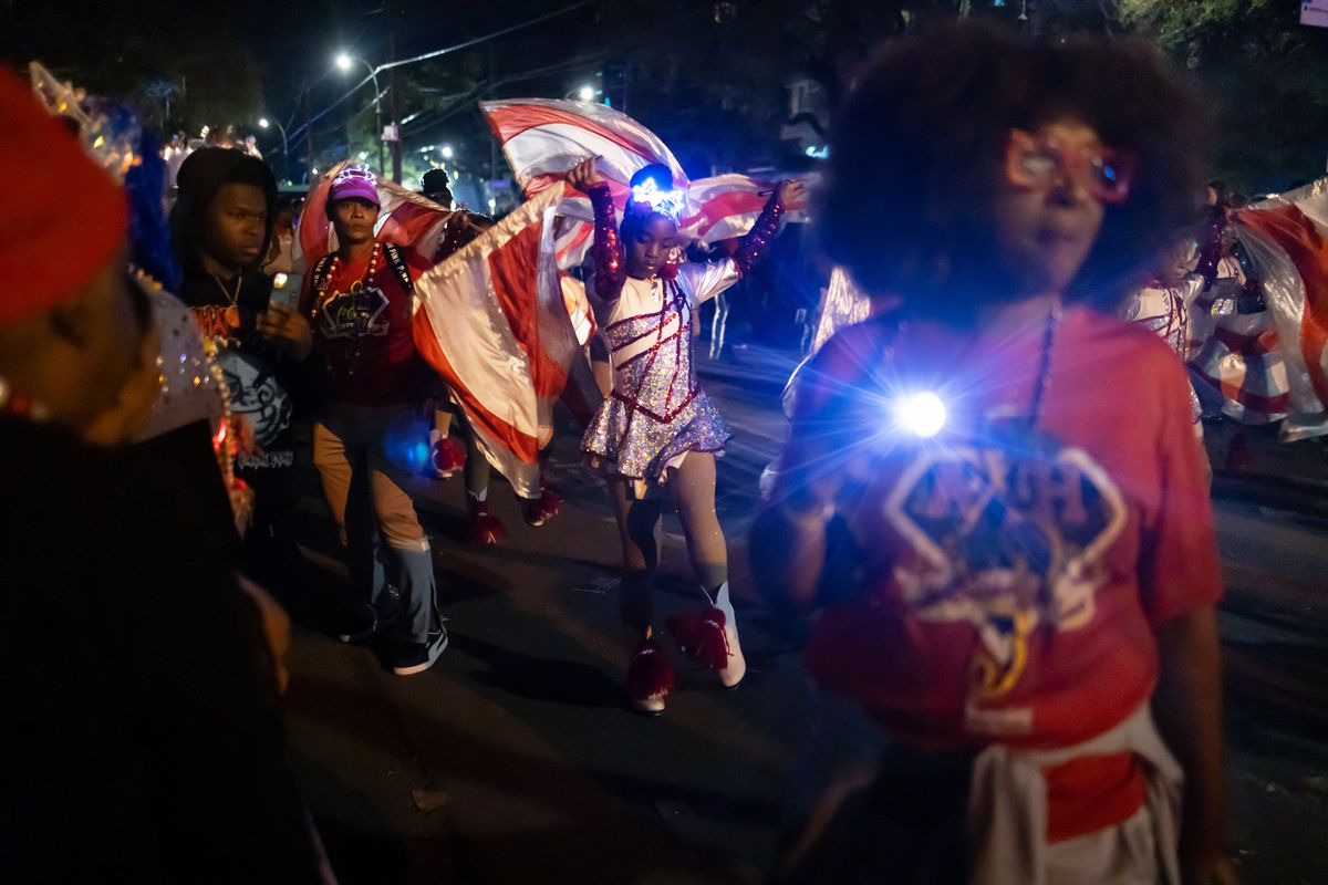 The Muses parade rolls uptown in New Orleans.  (Kathleen Flynn/For the Washington Post)