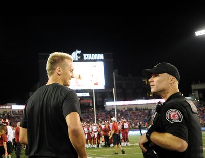 River Cracraft smiles from the sidelines during the first half against Boise State on Sept. 9, 2017, at Martin Stadium in Pullman. (Tyler Tjomsland / The Spokesman-Review)