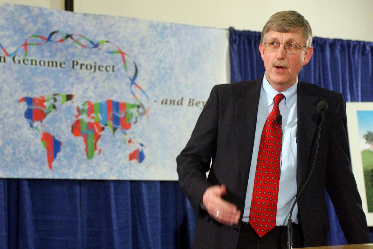 FILE - In this April 14, 2003 file photo, Dr. Francis Collins, director of the National Human Genome Research Institute, announces the successful completion of the human genome project in Bethesda, Md. In research published in the journal Science on Thursday, March 31, 2022, scientists announced they have finally assembled the full genetic blueprint for human life, adding the missing pieces to a puzzle nearly completed two decades ago. An international team described the sequencing of a complete human genome, the set of instructions to build a human being.  (Evan Vucci)