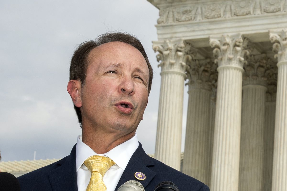 In this Sept. 9, 2019 photo, Louisiana Attorney General Jeff Landry speaks in front of the U.S. Supreme Court in Washington. The Biden administration’s suspension of new oil and gas leases on federal land and water was blocked Tuesday, June 15, 2021, by a federal judge in Louisiana. U.S. District Judge Terry Doughty