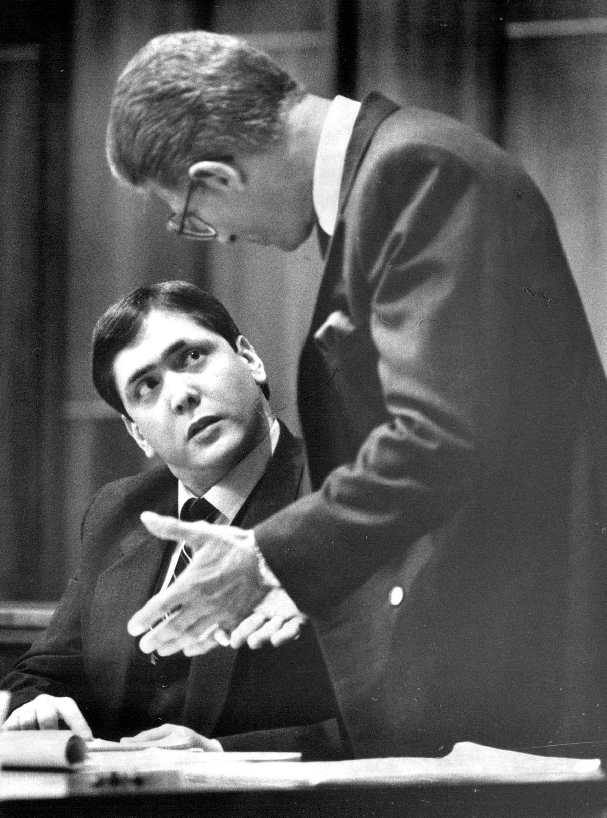 FILE- In this March 1988, file photo, Manuel Pardo, left, confers with his lawyer during his murder trial in Florida. Pardo, 56, is scheduled to be executed Tuesday, Dec. 11, 2012, at Florida State Prison in Starke, Fla. U.S. Judge Timothy Corrigan denied Pardo's request for a stay on Monday. (The Miami Herald)