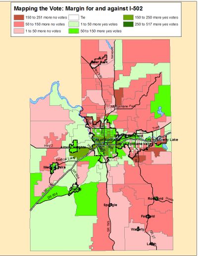 This is a map of the final vote count for I-502 in Spokane County. (Jim Camden)