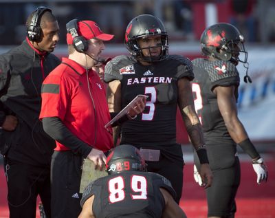EWU’s Vernon Adams Jr., right, has passed for 2,567 yards, 28 TDs. (Colin Mulvany)
