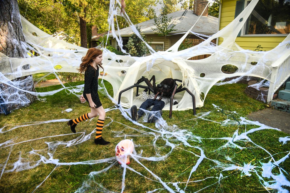 Dylan O’Malley races past a Halloween spider-themed display Thursday in her front yard on the 2000 block of South Lincoln Street in Spokane. It took Dylan and her father, Caris, seven hours to install hobo spider scene. Caris said they went big this year for people driving past to enjoy, not knowing if Halloween would be celebrated.  (DAN PELLE)