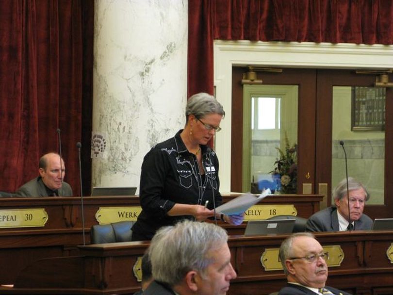 Sen. Nicole LeFavour, D-Boise, debates against the proposed public school budget on Monday. 