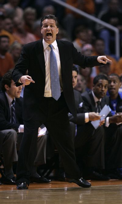 Memphis coach John Calipari is known to be fully animated on the sidelines during games.  (Associated Press / The Spokesman-Review)