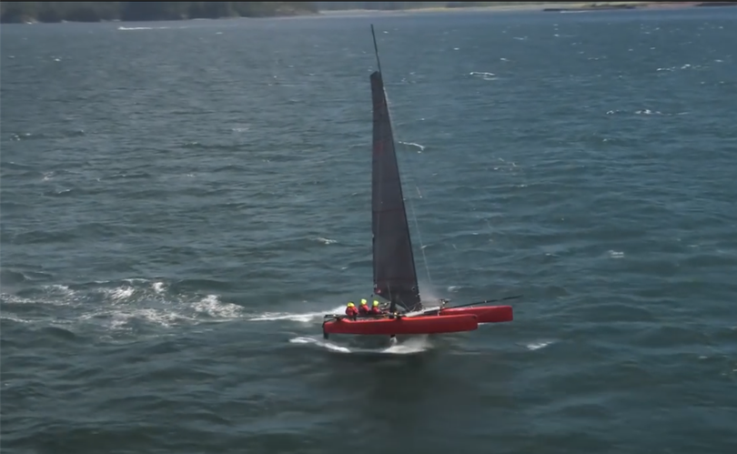 2016 Race to Alaska winners Mad Dog, a three-man catamaran. 