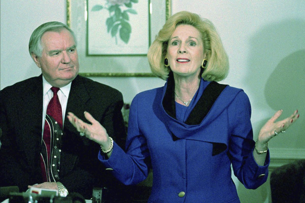 In this Thursday, March 2, 1995  photo, Word of Faith Fellowship church leader Jane Whaley talks to members of the media, accompanied by her husband, Sam, in Spindale, N.C. In August 1995, then-DA Jeff Hunt said investigators determined that adults and children had been abused inside the church, but declined to prosecute. Hunt said he concluded he couldn’t win a conviction because he lacked specifics and most of the congregants interviewed by the state Bureau of Investigation had declined to testify. (Chuck Burton / AP)
