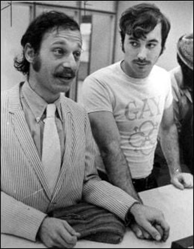 John Singer and Paul Barwick ask for a marriage license at the King County clerk's office in 1971.  (Seattle Post-Intelligencer/HistoryLink.org)