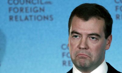 Russian President Dmitry Medvedev speaks to Council on Foreign Relations  on Saturday in Washington.  (Associated Press / The Spokesman-Review)