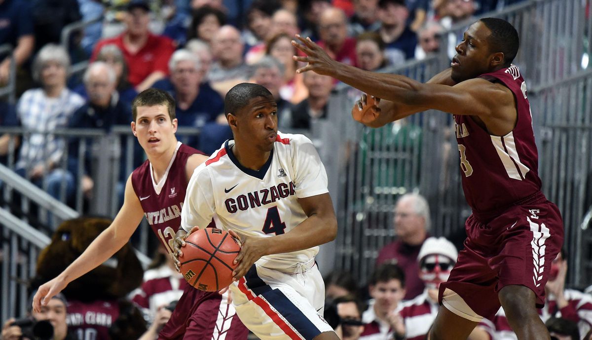 Gonzaga guard Jordan Mathews (4) looks to pass during the first half of a WCC Tournament semifinal basketball game, Mon., March 6, 2017, at Orleans Arena in Las Vegas. (Colin Mulvany / The Spokesman-Review)