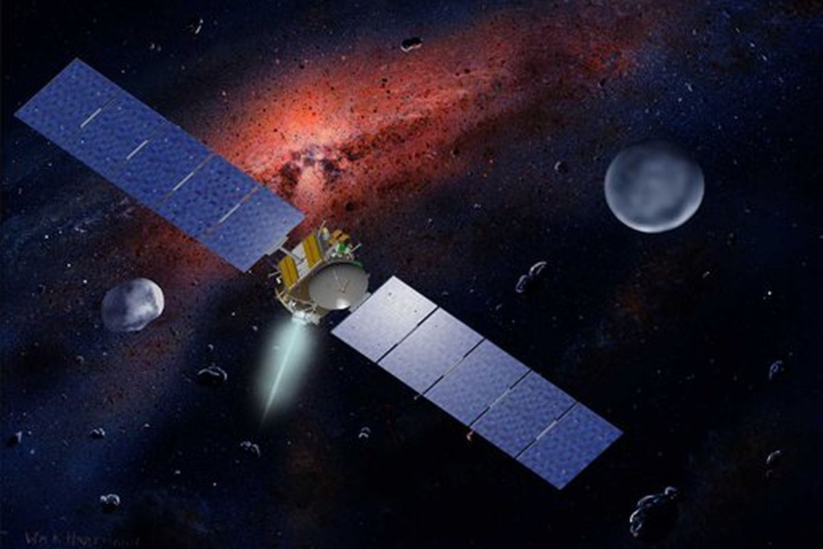This artist's concept released by NASA and the Jet Propulsion Laboratory shows the Dawn spacecraft with Ceres and Vesta seen in the background. The spacecraft was captured into orbit around Vesta after a 1.7 billion-mile journey. (Associated Press)