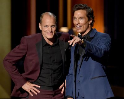 Woody Harrelson, left, and Matthew McConaughey onstage at the 66th Primetime Emmy Awards at L.A. Live on Aug. 25, 2014, in Los Angeles.   (Kevin Winter/Getty Images North America/TNS)