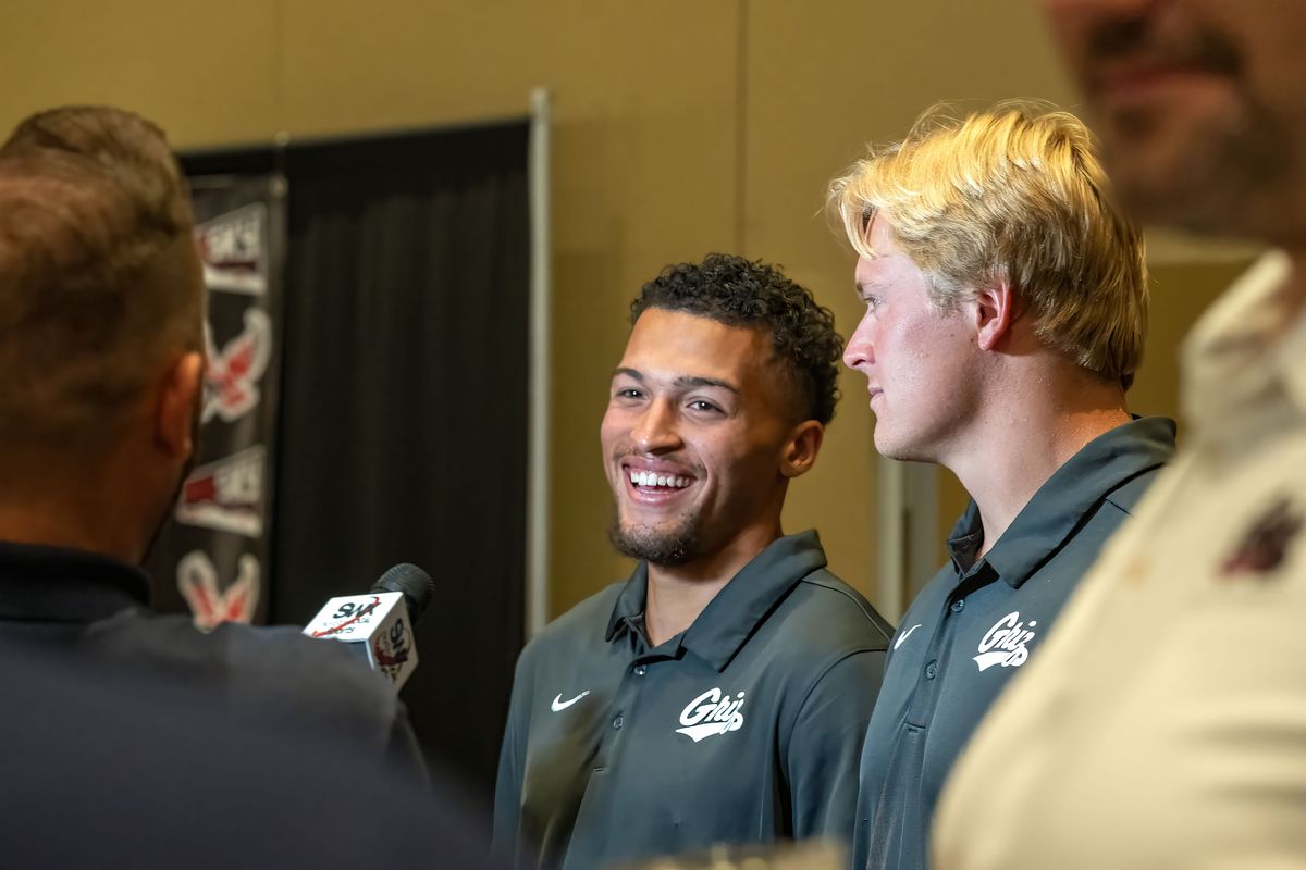 Montana receiver Keelan White, left, and linebacker Ryan Tirrell were key members of the Grizzlies' run to the FCS title game a year ago. They're both great program guys, says coach Bobby Hauck.  (Colin Mulvany/The Spokesman-Review)