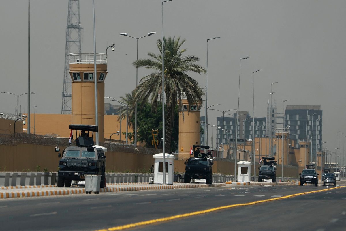 Armored vehicles of the Iraqi Counter Terrorism Forces are deployed outside the U.S. embassy building in Baghdad