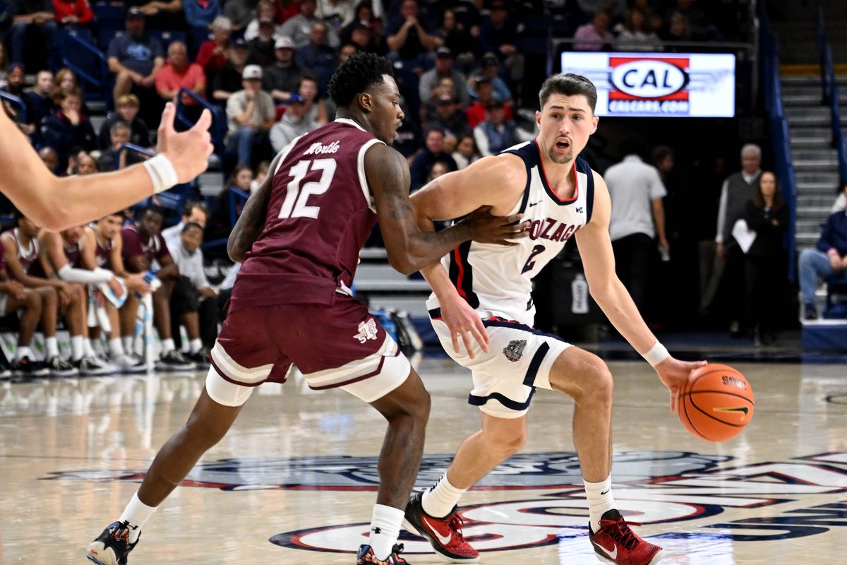 Gonzaga forward Steele Venters (2) dribbles the ball as Texas Southern guard Zytarious Mortle (12) defends during the second half of a NCAA college basketball game, Monday, Nov. 3, 2025, in the McCarthey Athletic Center. (COLIN MULVANY/THE SPOKESMAN-REVI)