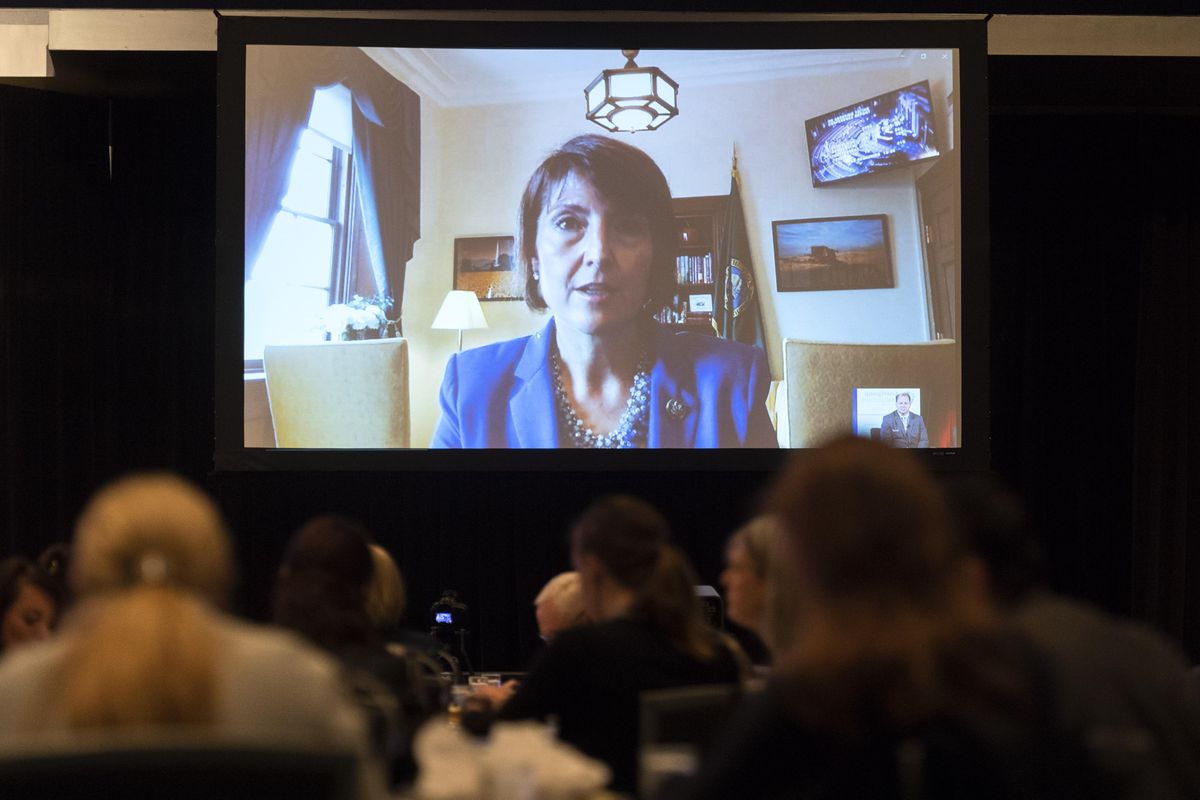 Via Skype for Washington D.C., U.S. Rep. Cathy McMorris Rodgers speaks about healthcare during the 2018 Inland Northwest State of Reform Health Policy Conference being held at the Spokane Convention Center, Thurs., Sept. 13, 2018. (Colin Mulvany / The Spokesman-Review)