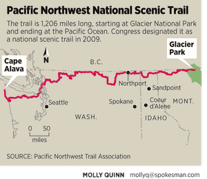 The Pacific Northwest Trail is a route that combines existing trails, roads and some cross-country travel.