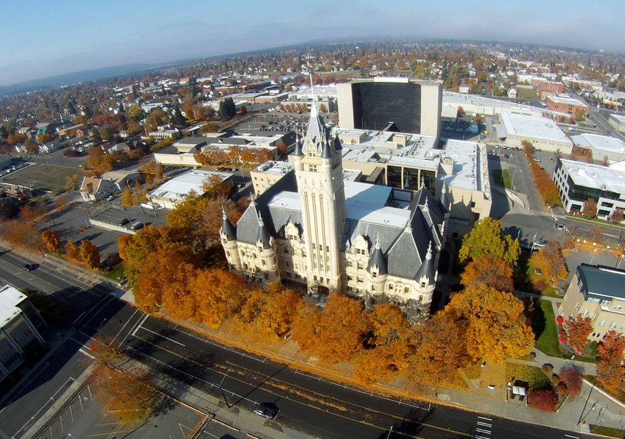 Aerial view of the Spokane County Courthouse A Then Now gallery at