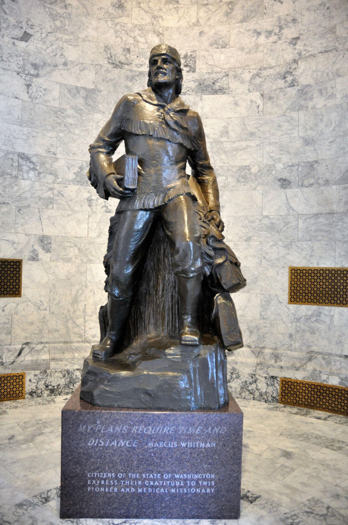 A statue depicting Marcus Whitman stands in the U.S. Capitol and in the state Capitol in Olympia. (Jim Camden / The Spokesman-Review)